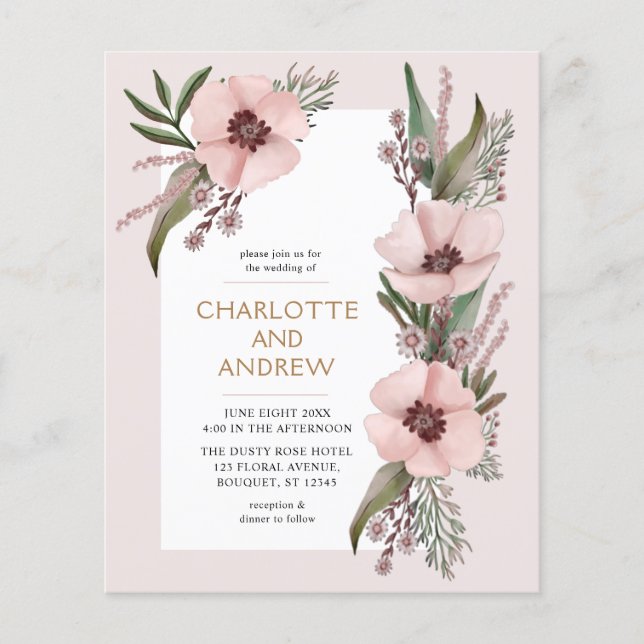 Budget Dusty Rose Pink Gold Floral Wedding Invite (Front)