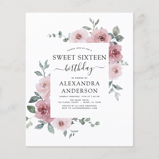 Budget Dusty Rose Pink Sweet Sixteen Birthday Flyer (Front)