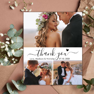 Budget Elegant 3 Photo Collage Wedding Thank You Postcard