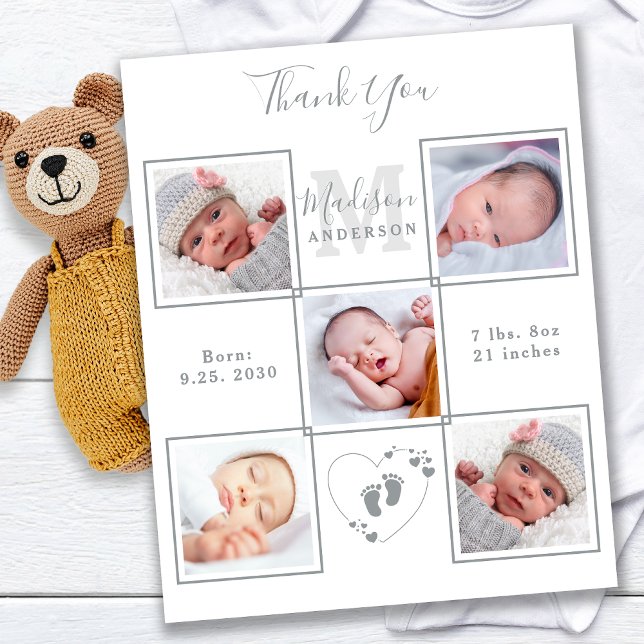 Budget Elegant 5 Photo New Baby Thank You Card (Creator Uploaded)