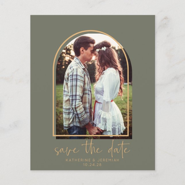 Budget Elegant Arch Green Gold Save the Date (Front)