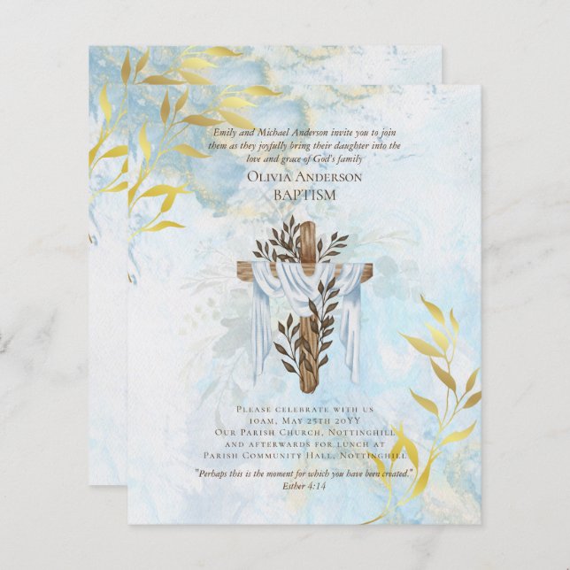 BUDGET Elegant BAPTISM Invite Aqua Blue Gold (Front/Back)