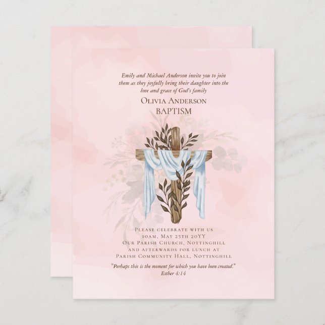 BUDGET Elegant BAPTISM Invite Blush Pink (Front/Back)