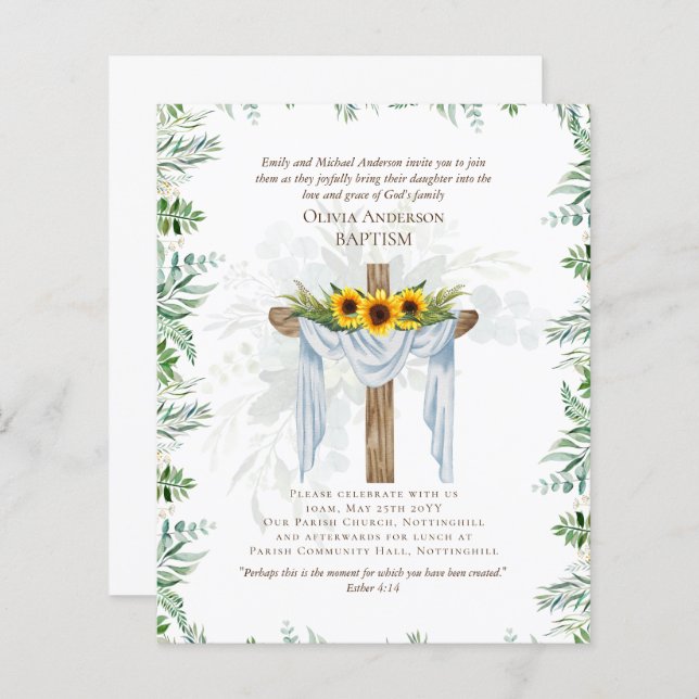 BUDGET Elegant BAPTISM Invite Greenery Sunflowers (Front/Back)