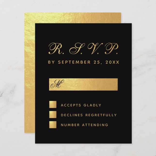 Budget Elegant Black Faux Gold Script Wedding RSVP (Front/Back)