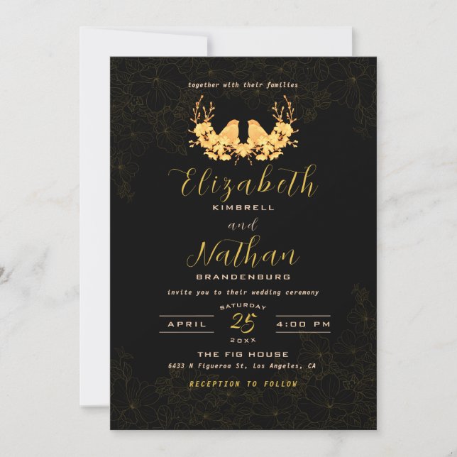 Budget Elegant Black Gold Birds Wedding Invite (Front)