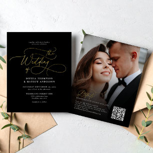 BUDGET Elegant Black Gold QR Code Rsvp Wedding
