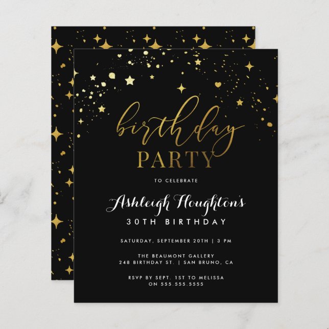 Budget Elegant Black & Gold Star Confetti Birthday (Front/Back)