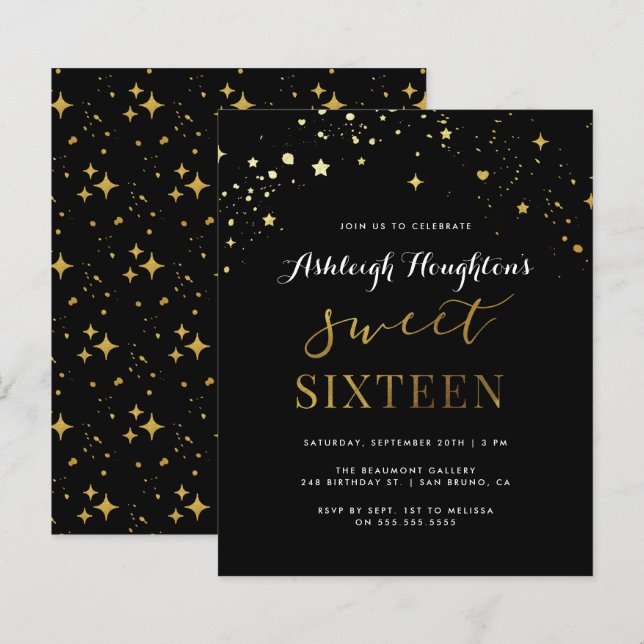 Budget Elegant Black & Gold Star Confetti Sweet 16 (Front/Back)