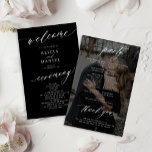 Budget elegant black photo wedding program<br><div class="desc">Modern simple minimalist white script trendy solid black ceremony and party BUDGET affordable wedding program template featuring chic trendy romantic elegant calligraphy and custom photo dark overlay on the backside.              Easy to personalise with your custom text and picture on both sides!</div>