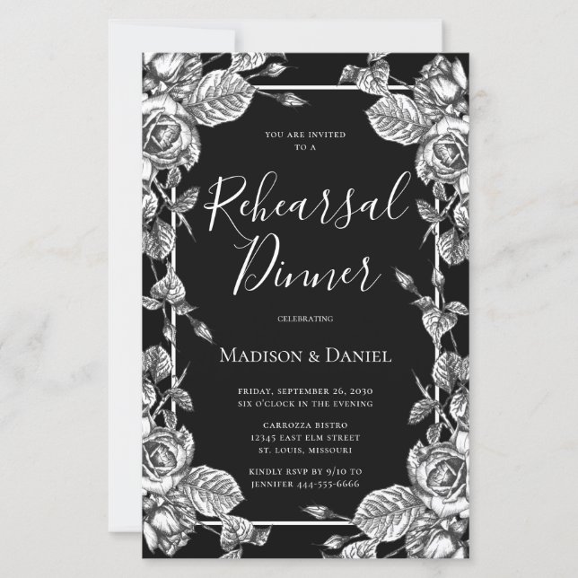 Budget Elegant Black White Floral Rehearsal Dinner (Front)