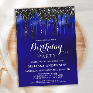 Budget Elegant Blue Black Glitter Drips Birthday