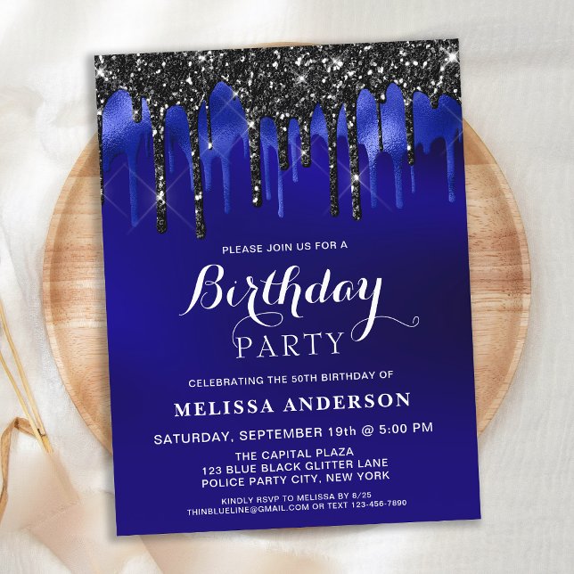 Budget Elegant Blue Black Glitter Drips Birthday (Creator Uploaded)