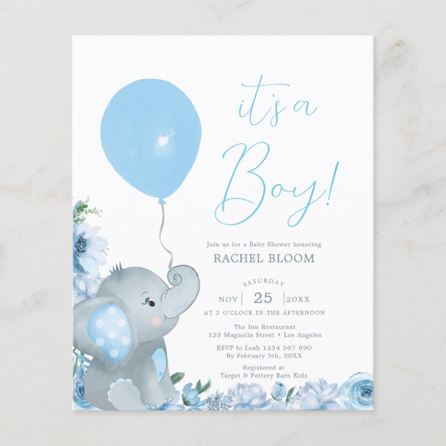 Budget Elegant Blue Elephant Boy Baby Shower (Front)