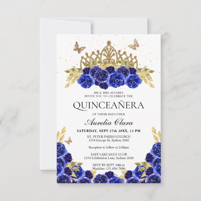 Budget Elegant Blue Floral Gold Tiara Quinceanera Card (Front)