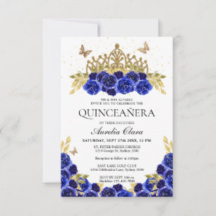 Budget Elegant Blue Floral Gold Tiara Quinceanera Card