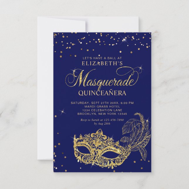 BUDGET Elegant Blue Gold Masquerade Quinceañera Card (Front)
