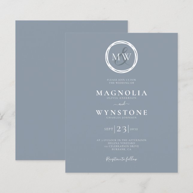 Budget Elegant Blue Monogram Wedding Invitation (Front/Back)