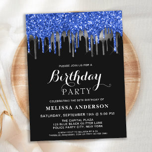 Budget Elegant Blue Silver Glitter Drips Birthday