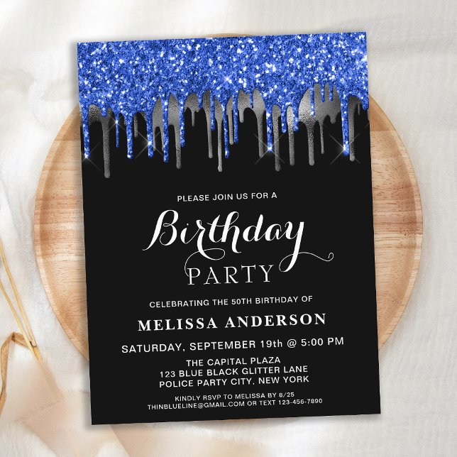 Budget Elegant Blue Silver Glitter Drips Birthday (Creator Uploaded)