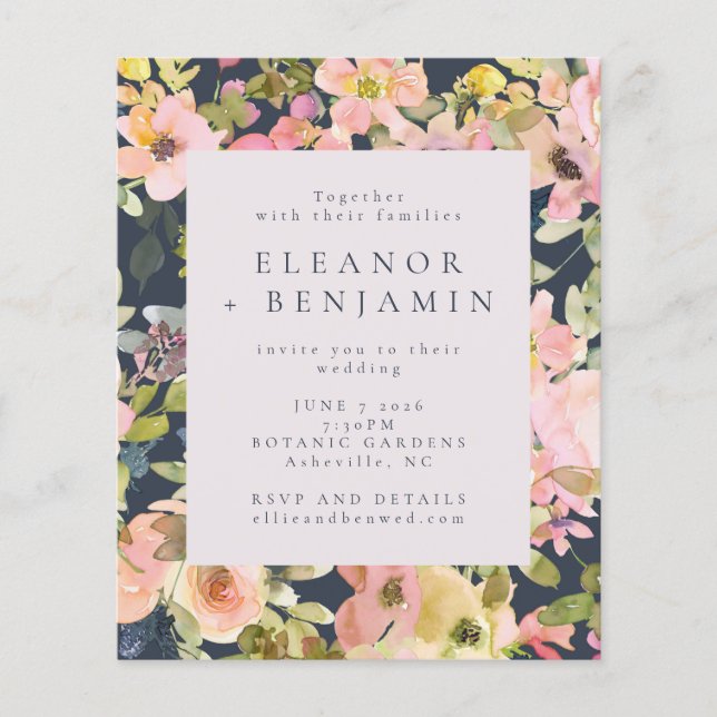Budget Elegant Blush Navy Floral Wedding Invite (Front)