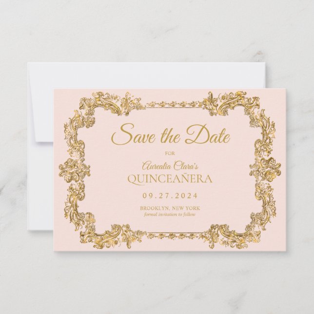 BUDGET Elegant Blush Pink Gold Frame Quinceanera Card (Front)