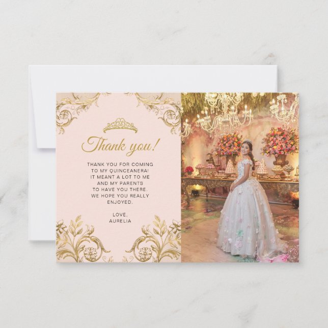 BUDGET Elegant Blush Pink Gold Photo Quinceañera Card (Front)