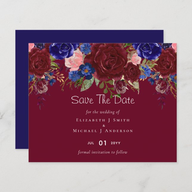 Budget Elegant Burgundy Blue Floral Wedding (Front/Back)