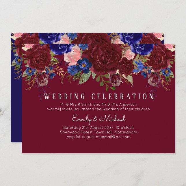 BUDGET Elegant Burgundy Blue Floral Wedding Invite (Front/Back)