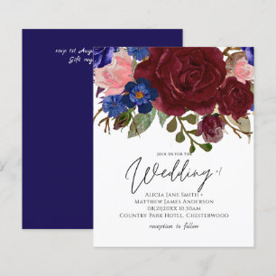BUDGET Elegant Burgundy Blue Floral Wedding Invite