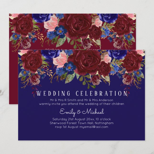 BUDGET Elegant Burgundy Blue Floral Wedding Invite (Front/Back)