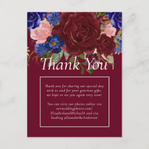 Budget Elegant Burgundy Blue Floral Wedding Postcard