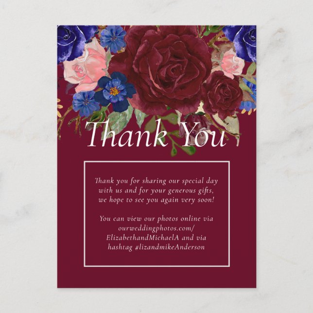 Budget Elegant Burgundy Blue Floral Wedding Postcard (Front)