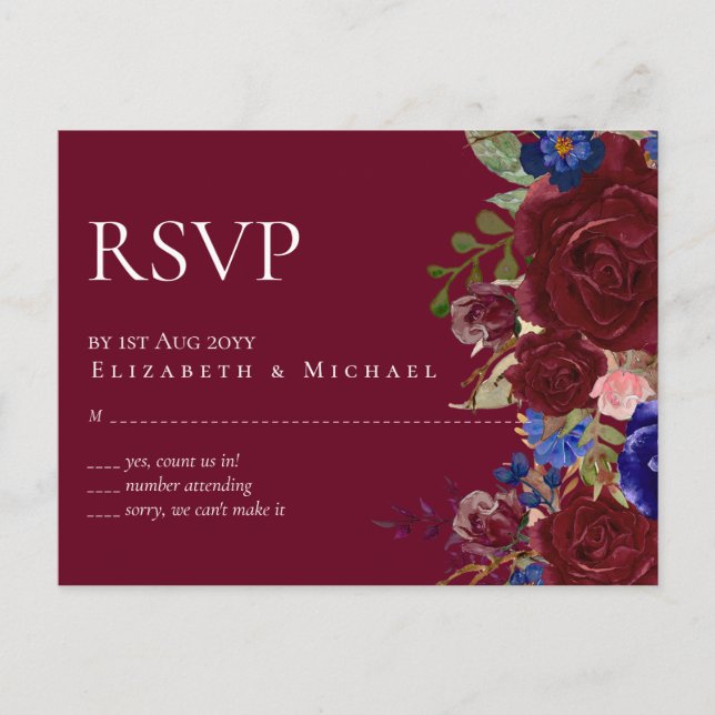 Budget Elegant Burgundy Blue Floral Wedding Postcard (Front)