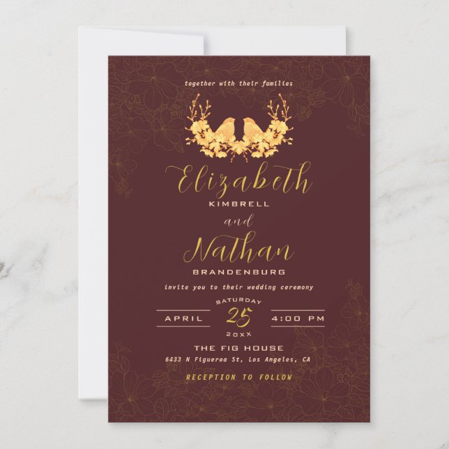 Budget Elegant Burgundy Gold Birds Wedding Invite (Front)