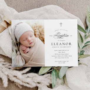 Budget Elegant Cross Calligraphy Photo Baptism Invitation