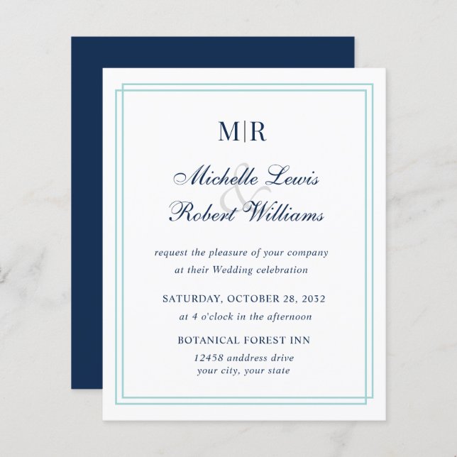 BUDGET Elegant Double Border Monogram Teal Wedding (Front/Back)