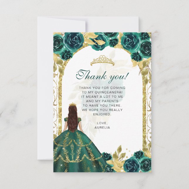 Budget Elegant Emerald Floral Photo Quinceañera Thank You Card (Front)