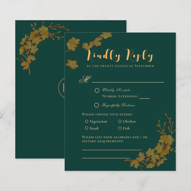 Budget Elegant Emerald Green & Gold Floral RSVP (Front/Back)