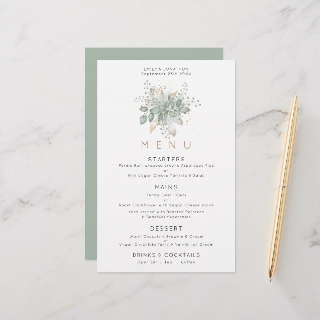 Budget Elegant Eucalyptus Leaves Green Gold Menu (Front/Back In Situ)