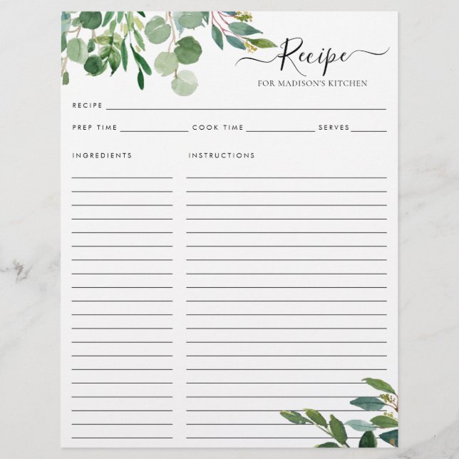 Budget Elegant Eucalyptus Leaves Kitchen Recipe Flyer (Front)
