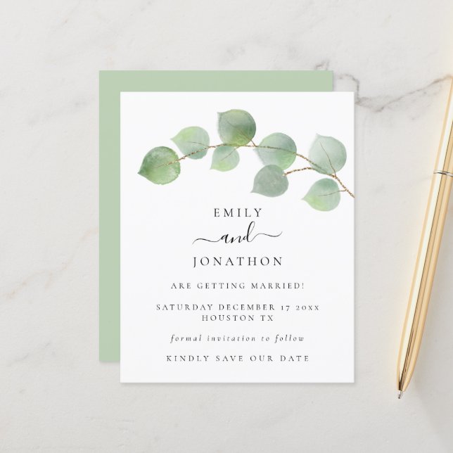Budget Elegant Eucalyptus Leaves Save the Date (Front/Back In Situ)