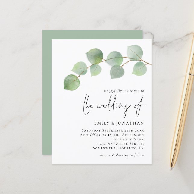 Budget Elegant Eucalyptus Wedding Invitation (Front/Back In Situ)
