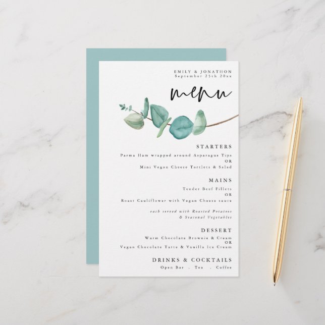 Budget Elegant Eucalyptus Wedding Menu (Front/Back In Situ)