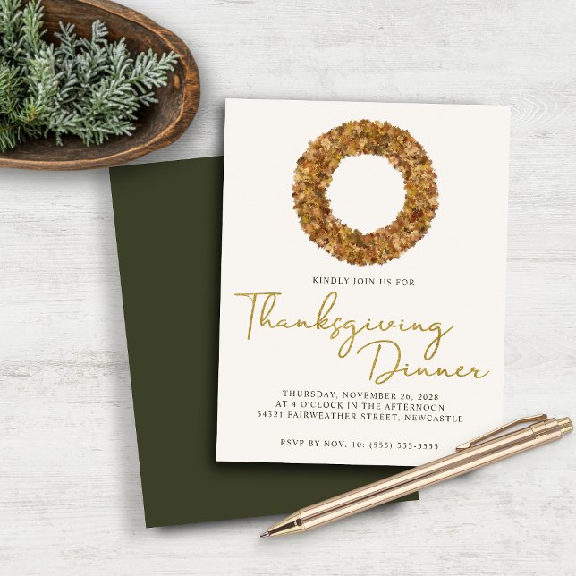 Budget Elegant Fall Wreath Gold Foil Thanksgiving (Budget Elegant Fall Wreath Gold Foil Thanksgiving Dinner Invitation)