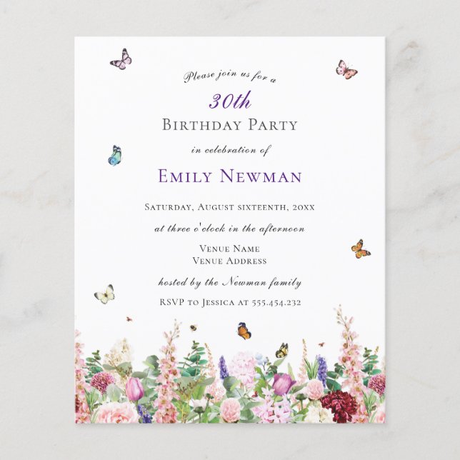 Budget Elegant Floral 30th Birthday Invitation (Front)