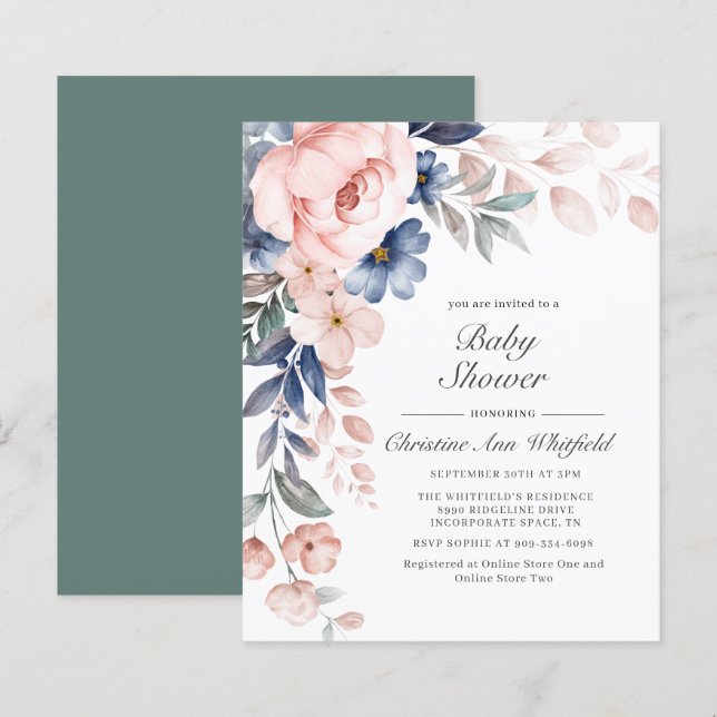 Budget Elegant Floral Baby Shower Invitation (Front/Back)