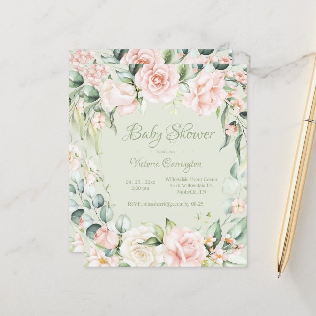 Budget Elegant Floral Baby Shower Invitation (Front/Back In Situ)
