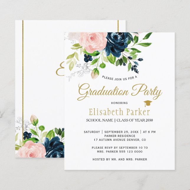 Budget elegant floral graduation party Invitation (Front/Back)