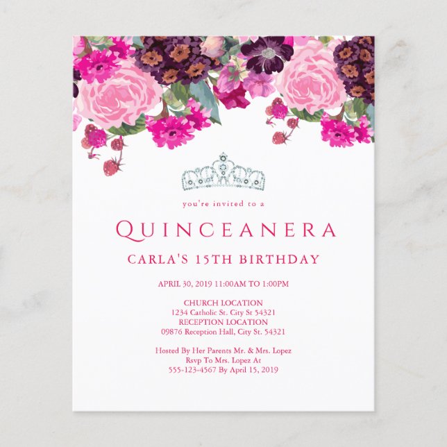 Budget Elegant Floral Quinceanera Invitations (Front)